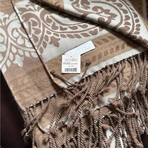 Restoration Hardware Bedford Lava Wool Throw Blanket Brown Cream Damask Fringe